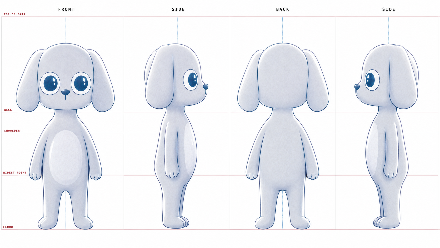 DEGS character model sheet — front, side, back, and side views